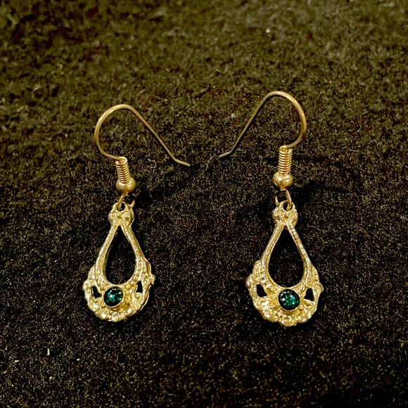 Silver Tone Dangle Earrings with Blue Green Stone - Picture 2 of 4